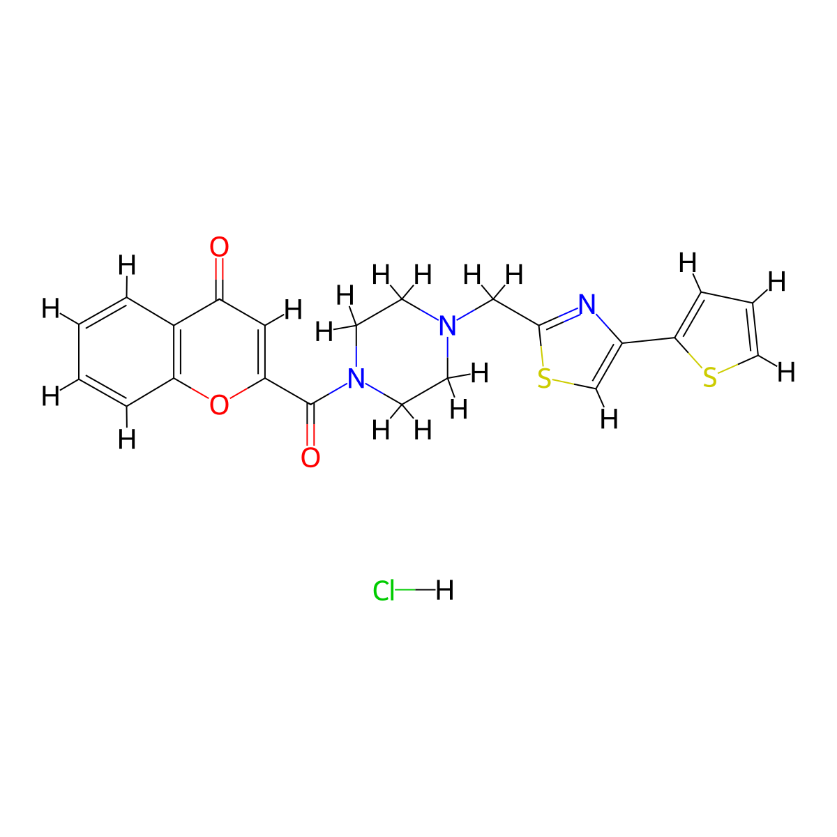 2-(4-((4-(thiophen-2-yl)thiazol-2-yl)methyl)piperazine-1-carbonyl)-4H-chromen-4-one hydrochloride molecular structure, CAS 1216512-49-0