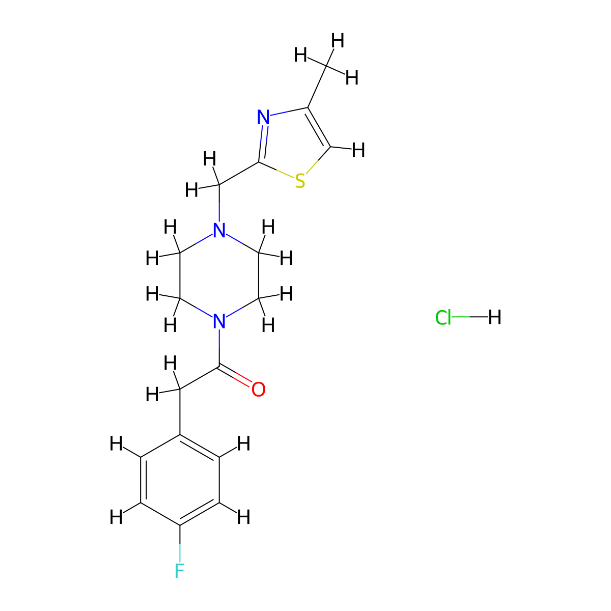 2-(4-Fluorophenyl)-1-(4-((4-methylthiazol-2-yl)methyl)piperazin-1-yl)ethanone hydrochloride molecular structure, CAS 1216513-24-4