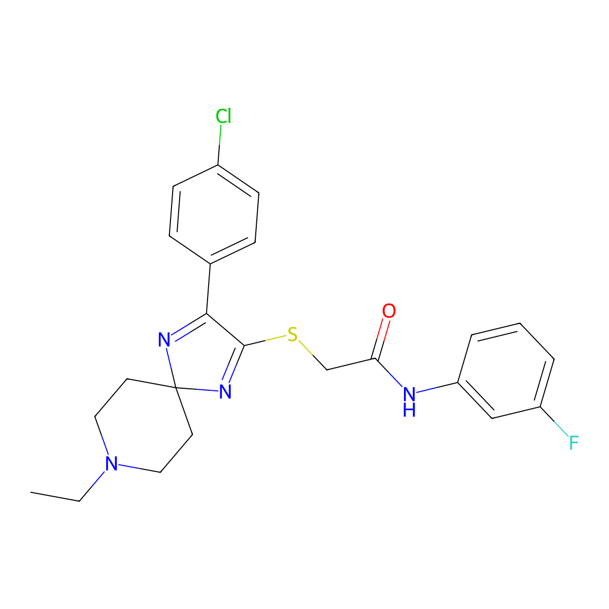2-((3-(4-chlorophenyl)-8-ethyl-1,4,8-triazaspiro[4.5]deca-1,3-dien-2-yl)thio)-N-(3-fluorophenyl)acetamide molecular structure, CAS 1216513-40-4
