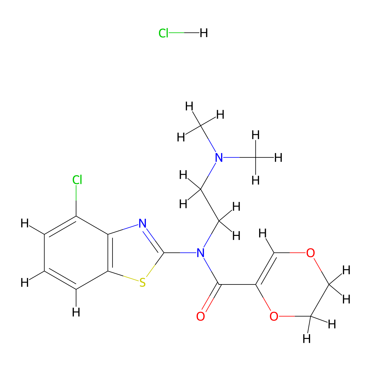 N-(4-chlorobenzo[d]thiazol-2-yl)-N-(2-(dimethylamino)ethyl)-5,6-dihydro-1,4-dioxine-2-carboxamide hydrochloride molecular structure, CAS 1216525-49-3