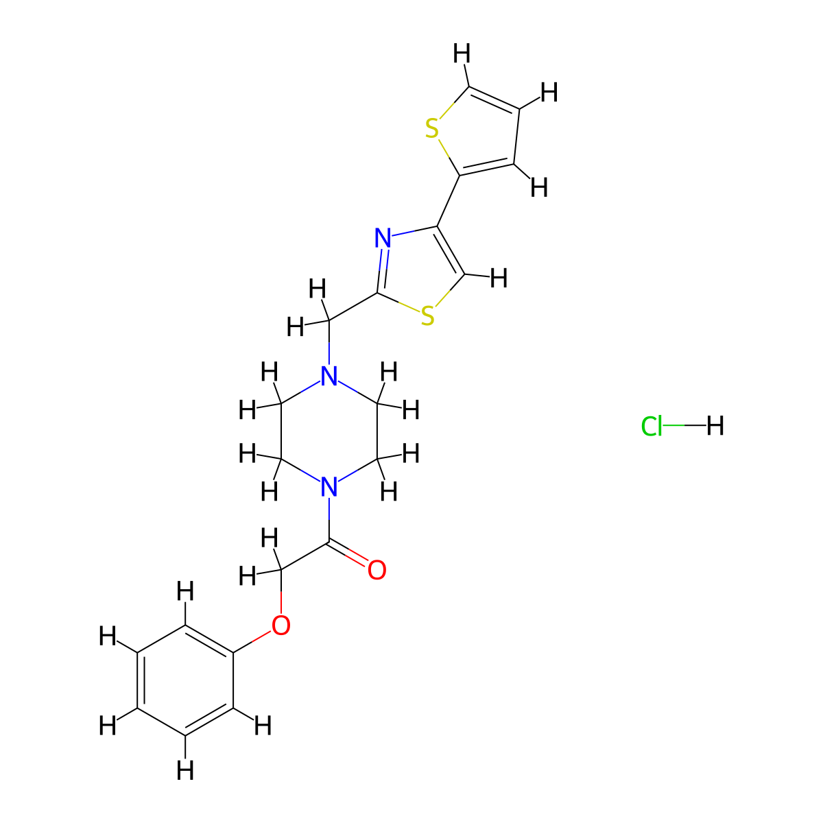 2-Phenoxy-1-(4-((4-(thiophen-2-yl)thiazol-2-yl)methyl)piperazin-1-yl)ethanone hydrochloride molecular structure, CAS 1216527-68-2