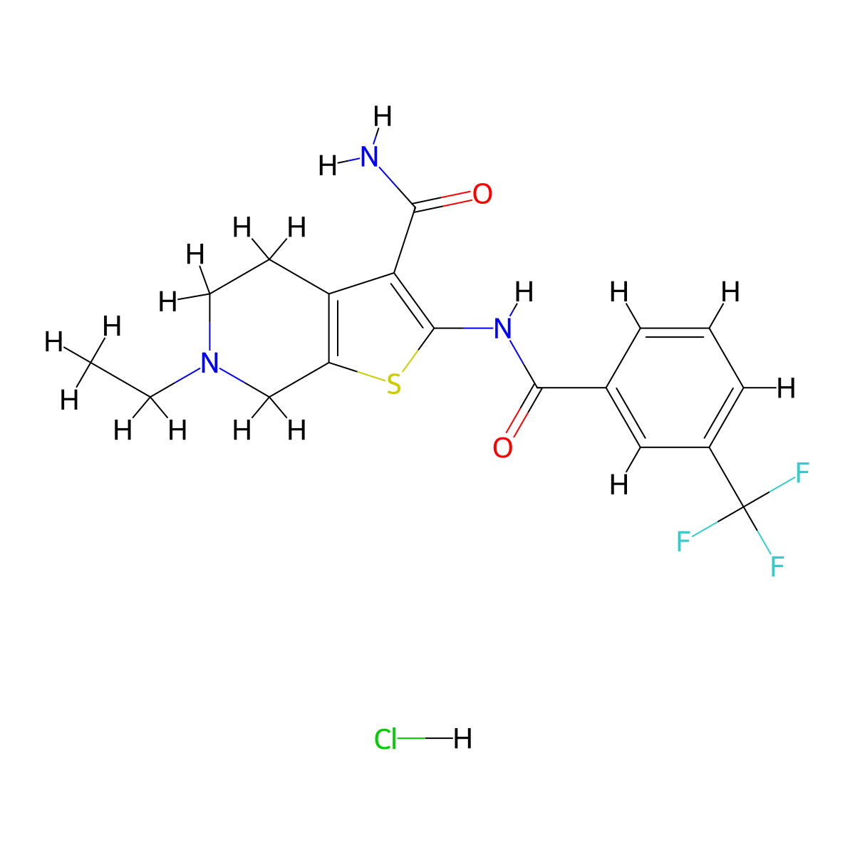 6-Ethyl-2-(3-(trifluoromethyl)benzamido)-4,5,6,7-tetrahydrothieno[2,3-c]pyridine-3-carboxamide hydrochloride molecular structure, CAS 1216533-47-9