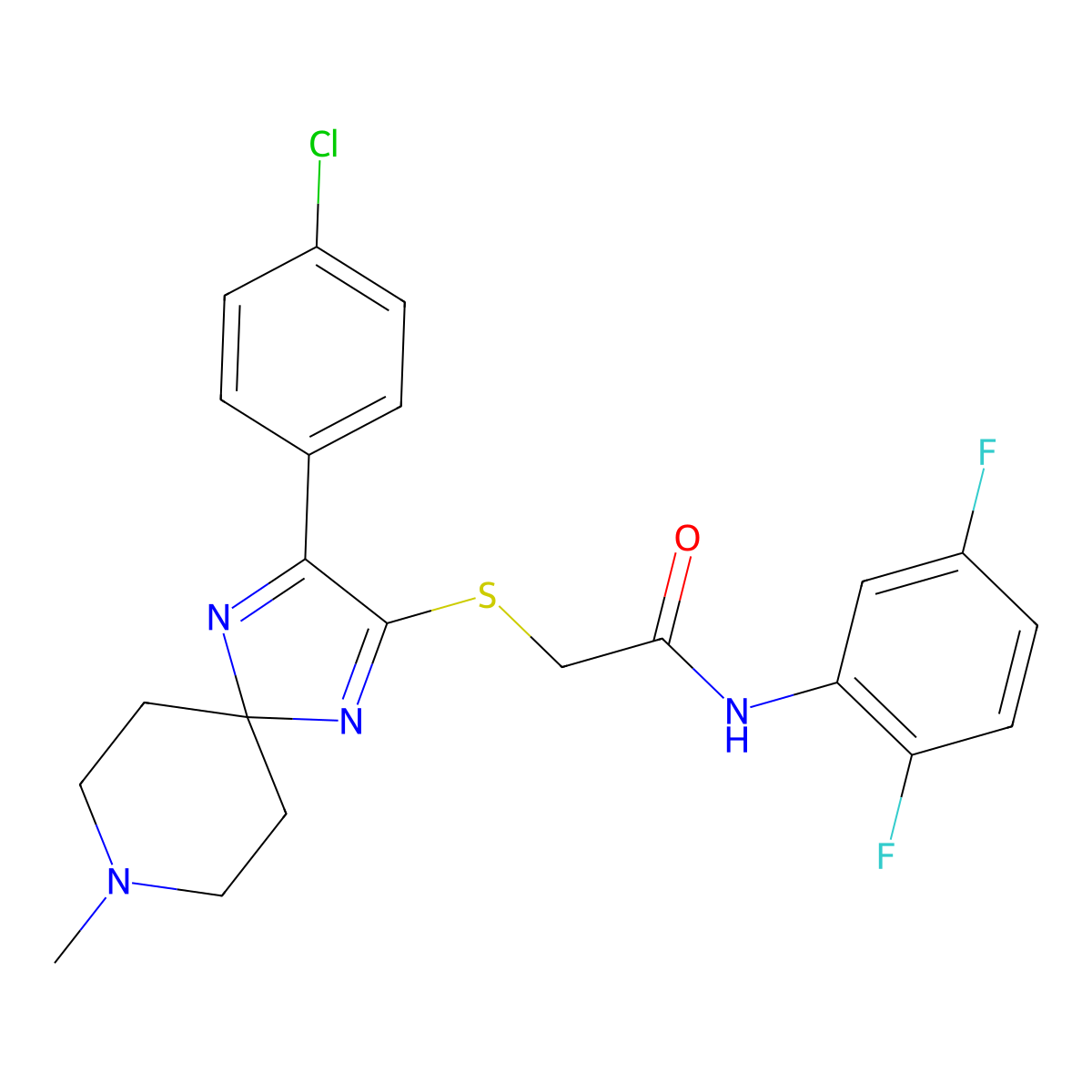 2-((3-(4-chlorophenyl)-8-methyl-1,4,8-triazaspiro[4.5]deca-1,3-dien-2-yl)thio)-N-(2,5-difluorophenyl)acetamide molecular structure, CAS 1216534-43-8