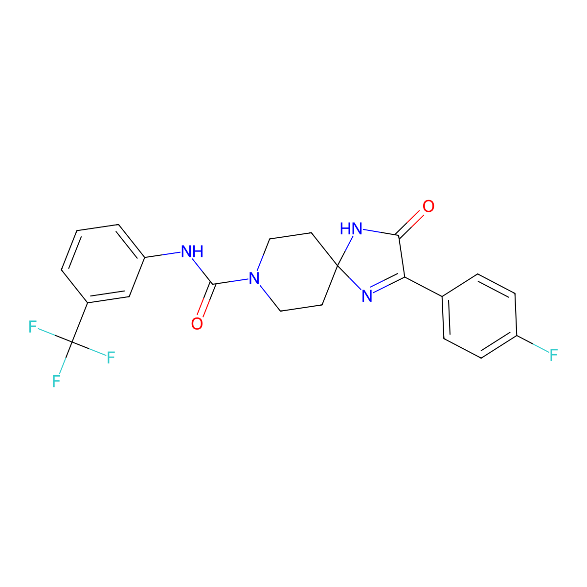 2-(4-fluorophenyl)-3-oxo-N-(3-(trifluoromethyl)phenyl)-1,4,8-triazaspiro[4.5]dec-1-ene-8-carboxamide molecular structure, CAS 1216538-01-0