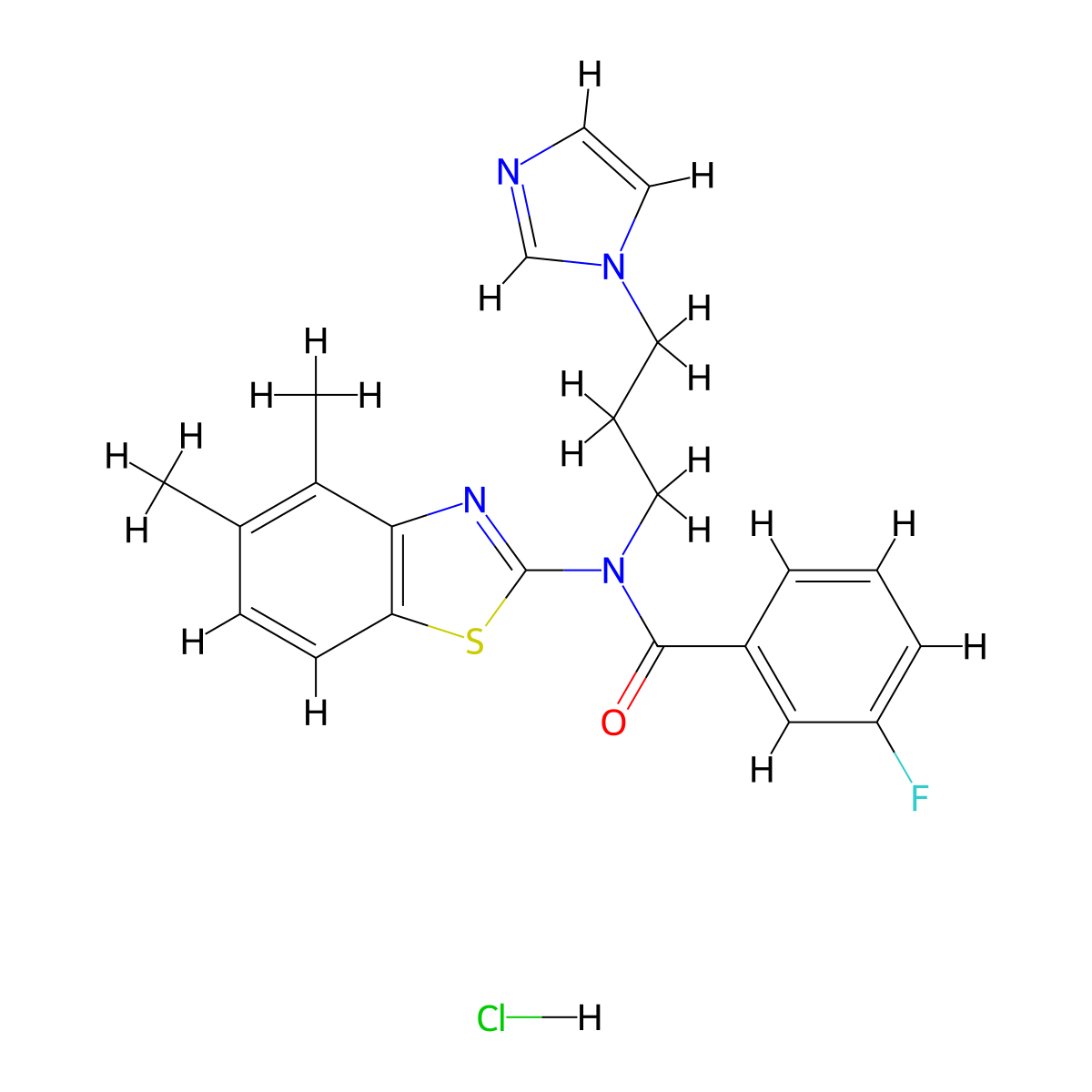 N-(3-(1H-imidazol-1-yl)propyl)-N-(4,5-dimethylbenzo[d]thiazol-2-yl)-3-fluorobenzamide hydrochloride molecular structure, CAS 1216538-93-0