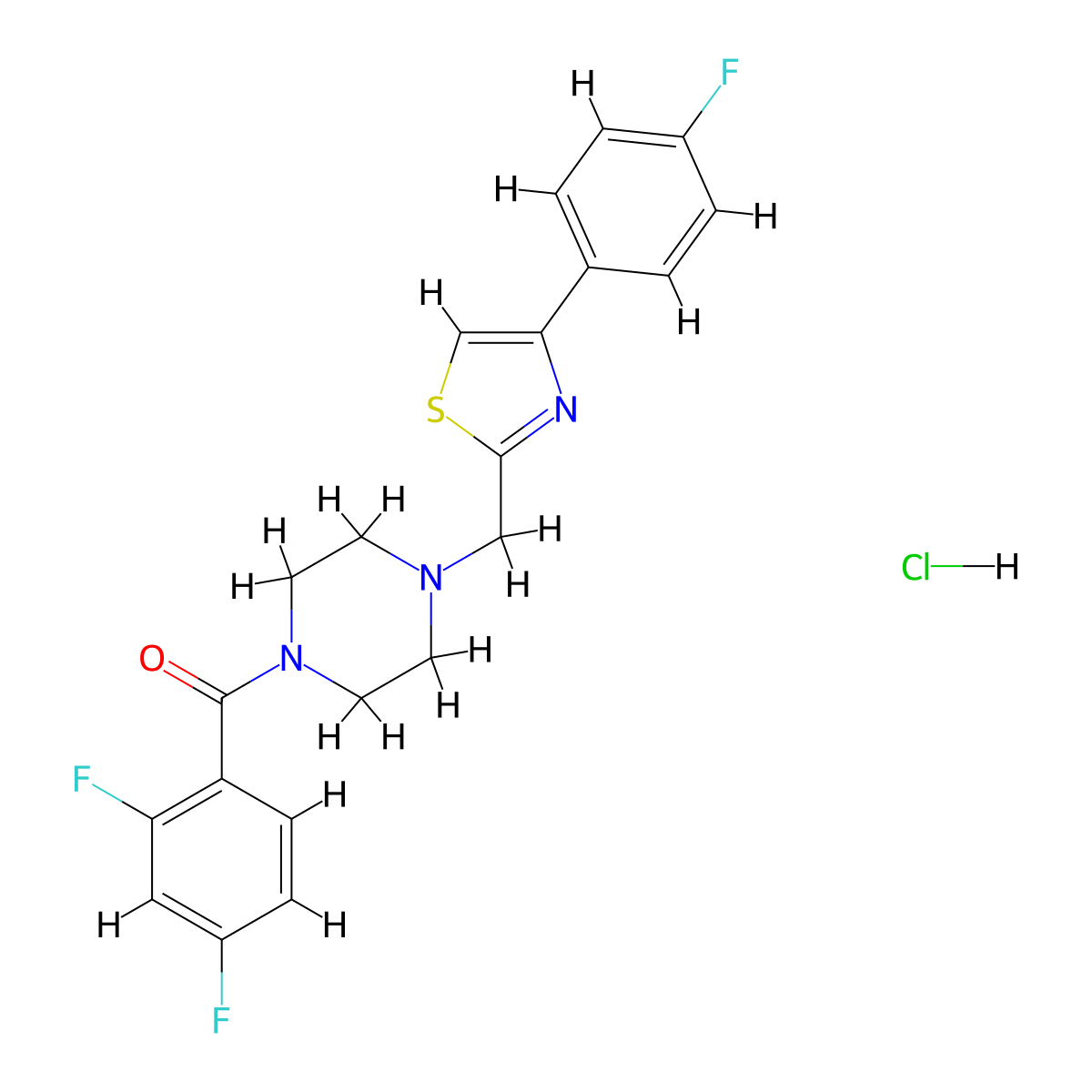 (2,4-Difluorophenyl)(4-((4-(4-fluorophenyl)thiazol-2-yl)methyl)piperazin-1-yl)methanone hydrochloride molecular structure, CAS 1216547-27-1