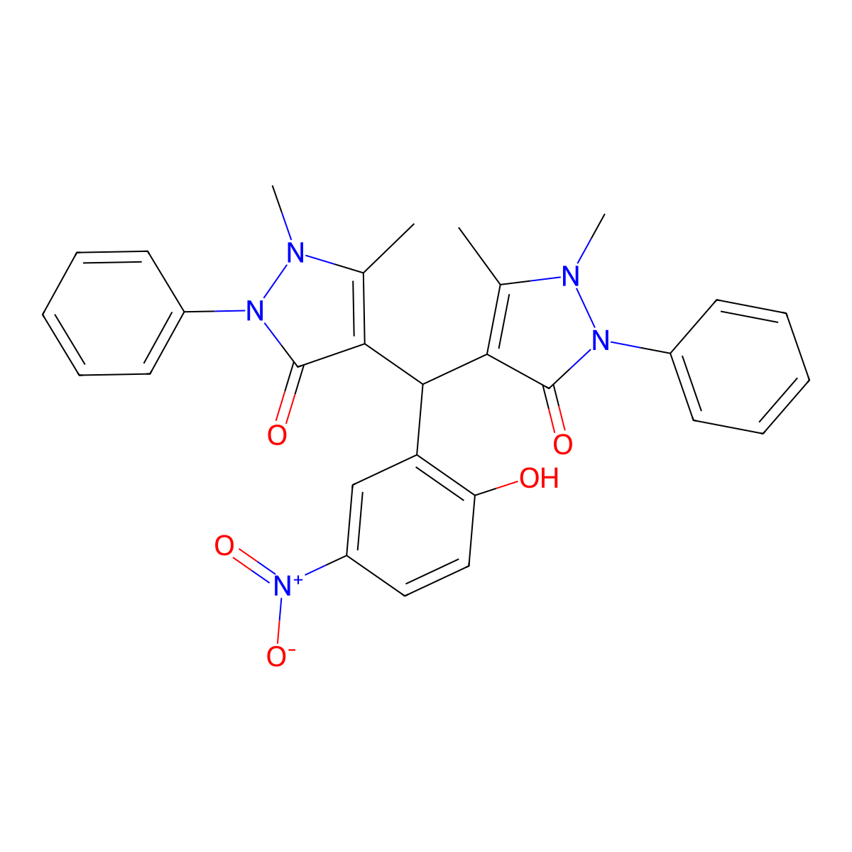 4-[(1,5-Dimethyl-3-oxo-2-phenylpyrazol-4-yl)-(2-hydroxy-5-nitrophenyl)methyl]-1,5-dimethyl-2-phenylpyrazol-3-one molecular structure, CAS 121655-57-0