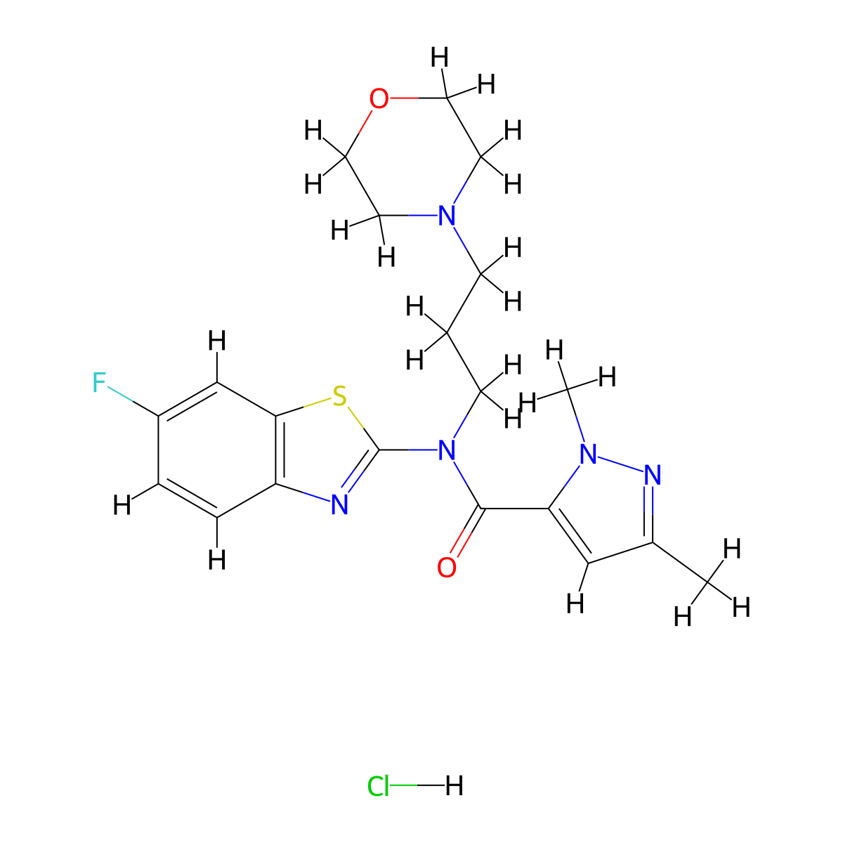N-(6-fluorobenzo[d]thiazol-2-yl)-1,3-dimethyl-N-(3-morpholinopropyl)-1H-pyrazole-5-carboxamide hydrochloride molecular structure, CAS 1216551-27-7