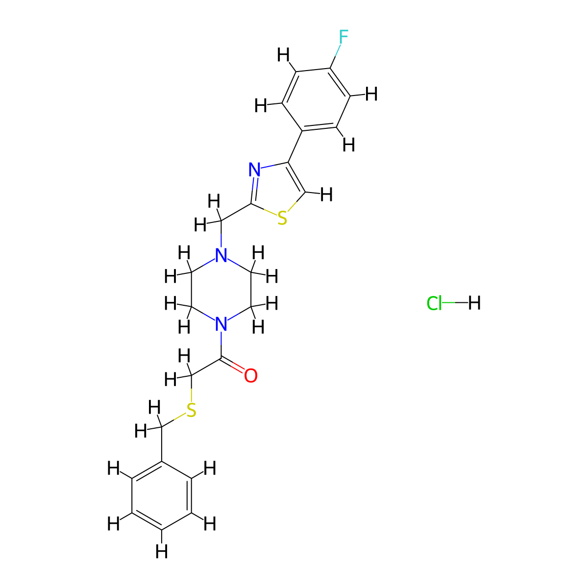2-(Benzylthio)-1-(4-((4-(4-fluorophenyl)thiazol-2-yl)methyl)piperazin-1-yl)ethanone hydrochloride molecular structure, CAS 1216553-69-3