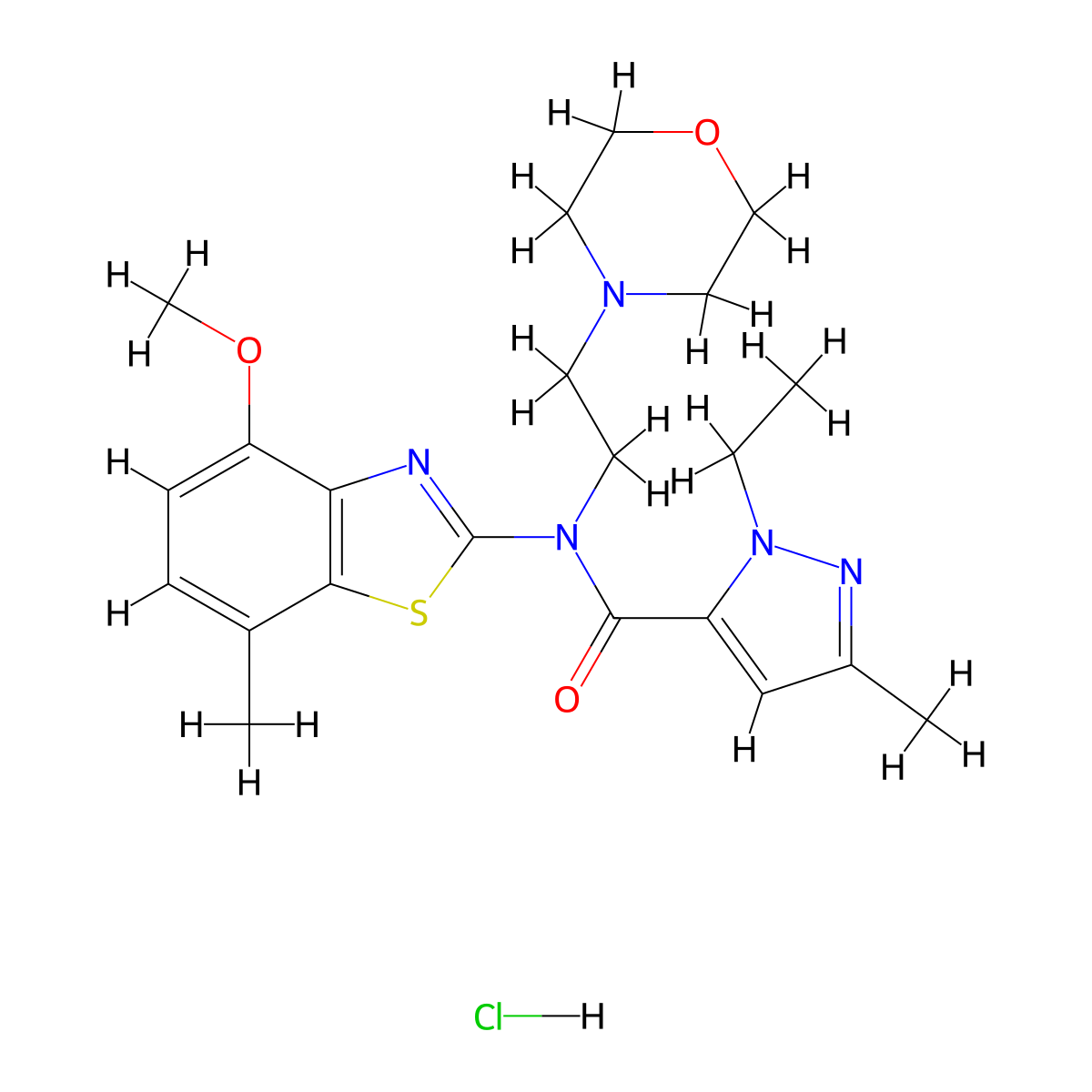1-ethyl-N-(4-methoxy-7-methylbenzo[d]thiazol-2-yl)-3-methyl-N-(2-morpholinoethyl)-1H-pyrazole-5-carboxamide hydrochloride molecular structure, CAS 1216556-54-5
