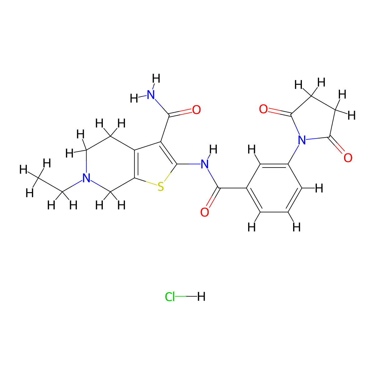 2-(3-(2,5-Dioxopyrrolidin-1-yl)benzamido)-6-ethyl-4,5,6,7-tetrahydrothieno[2,3-c]pyridine-3-carboxamide hydrochloride molecular structure, CAS 1216557-45-7