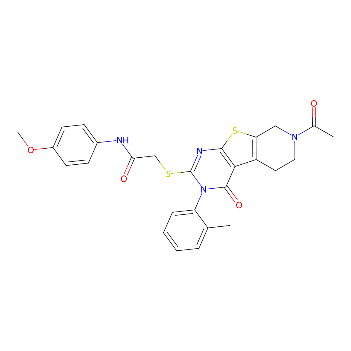 2-{[11-acetyl-4-(2-methylphenyl)-3-oxo-8-thia-4,6,11-triazatricyclo[7.4.0.0^{2,7}]trideca-1(9),2(7),5-trien-5-yl]sulfanyl}-N-(4-methoxyphenyl)acetamide molecular structure, CAS 1216560-68-7