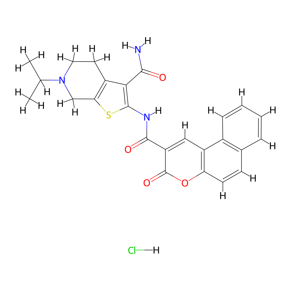 6-isopropyl-2-(3-oxo-3H-benzo[f]chromene-2-carboxamido)-4,5,6,7-tetrahydrothieno[2,3-c]pyridine-3-carboxamide hydrochloride molecular structure, CAS 1216560-75-6