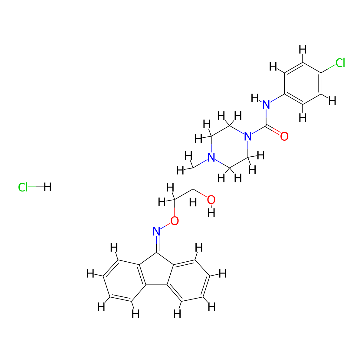 4-(3-(((9H-fluoren-9-ylidene)amino)oxy)-2-hydroxypropyl)-N-(4-chlorophenyl)piperazine-1-carboxamide hydrochloride molecular structure, CAS 1216563-18-6