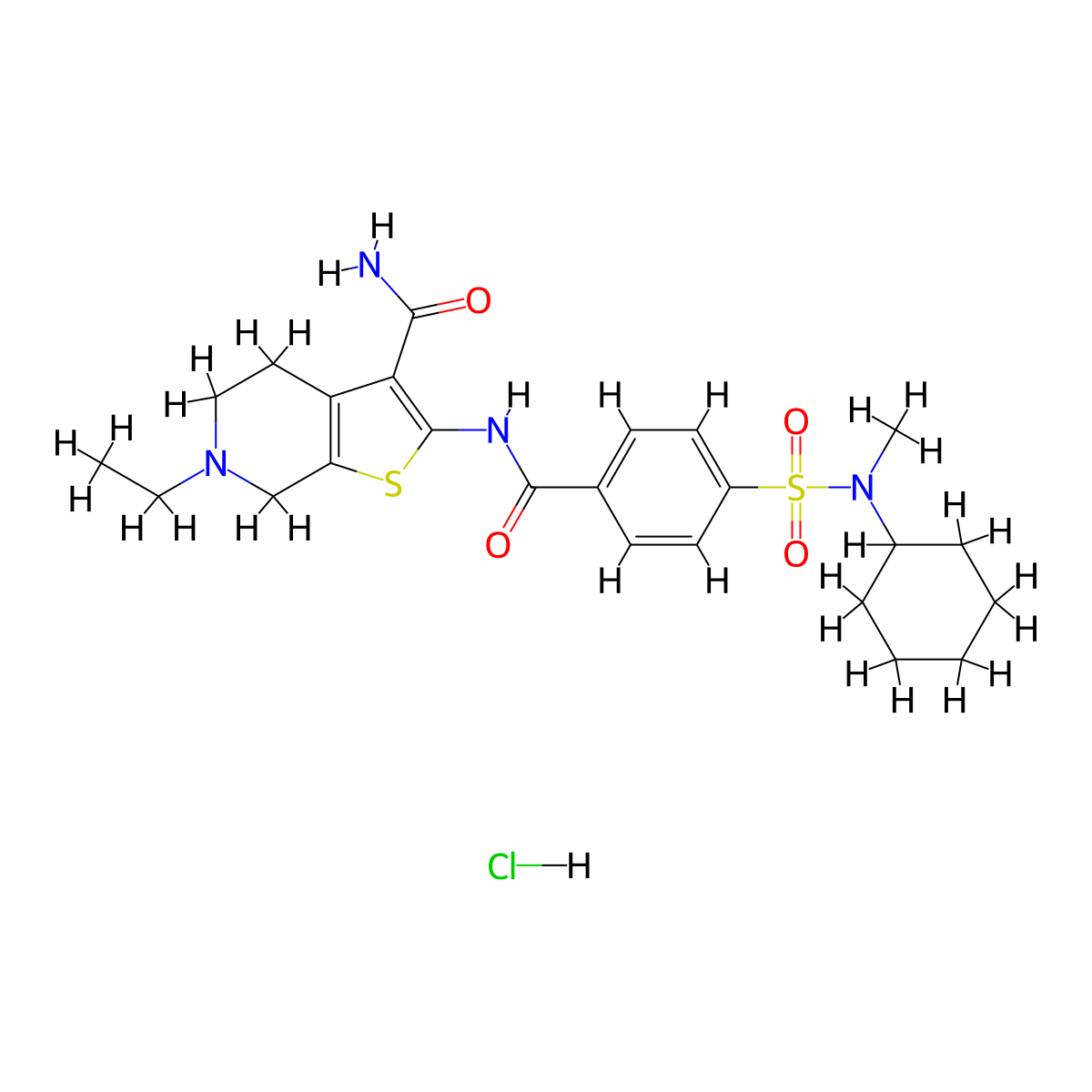 2-(4-(N-cyclohexyl-N-methylsulfamoyl)benzamido)-6-ethyl-4,5,6,7-tetrahydrothieno[2,3-c]pyridine-3-carboxamide hydrochloride molecular structure, CAS 1216567-90-6