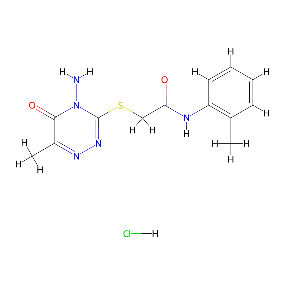 2-((4-amino-6-methyl-5-oxo-4,5-dihydro-1,2,4-triazin-3-yl)thio)-N-(o-tolyl)acetamide hydrochloride molecular structure, CAS 1216568-50-1