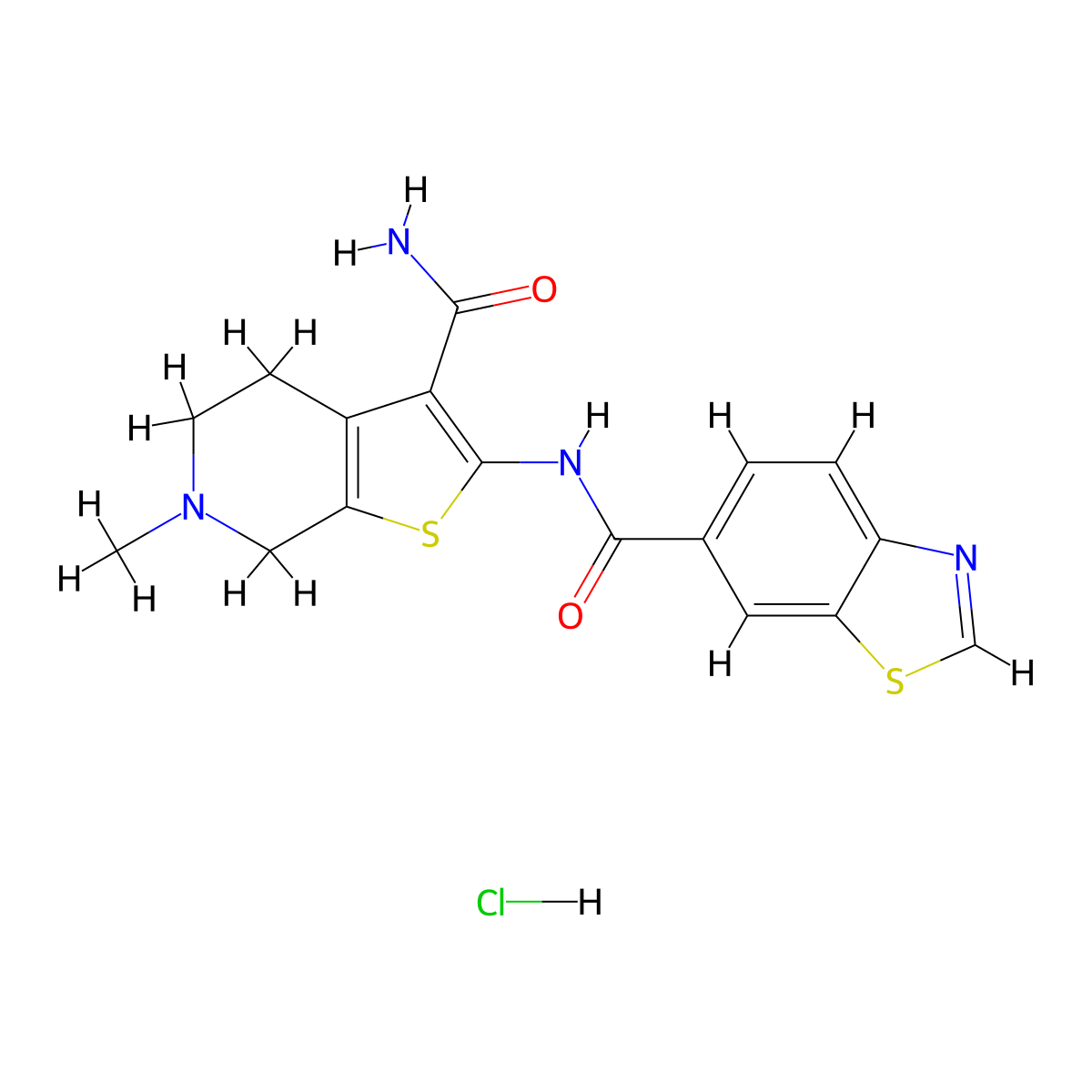 N-(3-carbamoyl-6-methyl-4,5,6,7-tetrahydrothieno[2,3-c]pyridin-2-yl)benzo[d]thiazole-6-carboxamide hydrochloride molecular structure, CAS 1216573-01-1