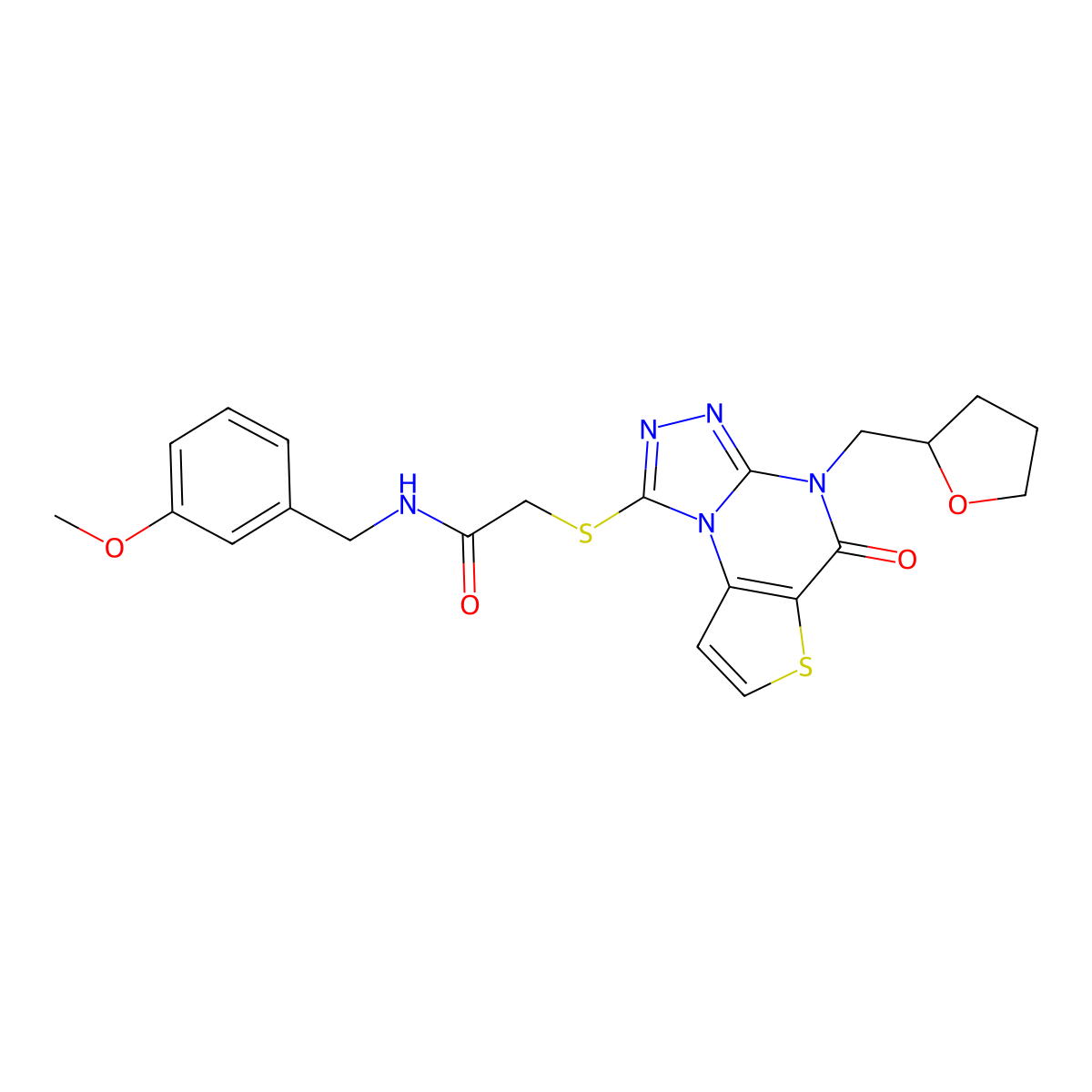 N-(3-methoxybenzyl)-2-((5-oxo-4-((tetrahydrofuran-2-yl)methyl)-4,5-dihydrothieno[2,3-e][1,2,4]triazolo[4,3-a]pyrimidin-1-yl)thio)acetamide molecular structure, CAS 1216577-97-7