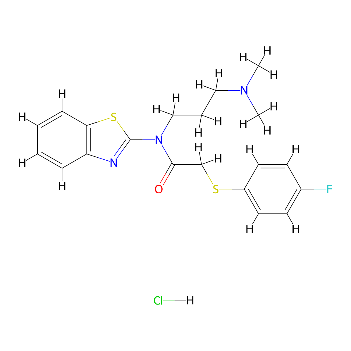 N-(benzo[d]thiazol-2-yl)-N-(3-(dimethylamino)propyl)-2-((4-fluorophenyl)thio)acetamide hydrochloride molecular structure, CAS 1216578-00-5