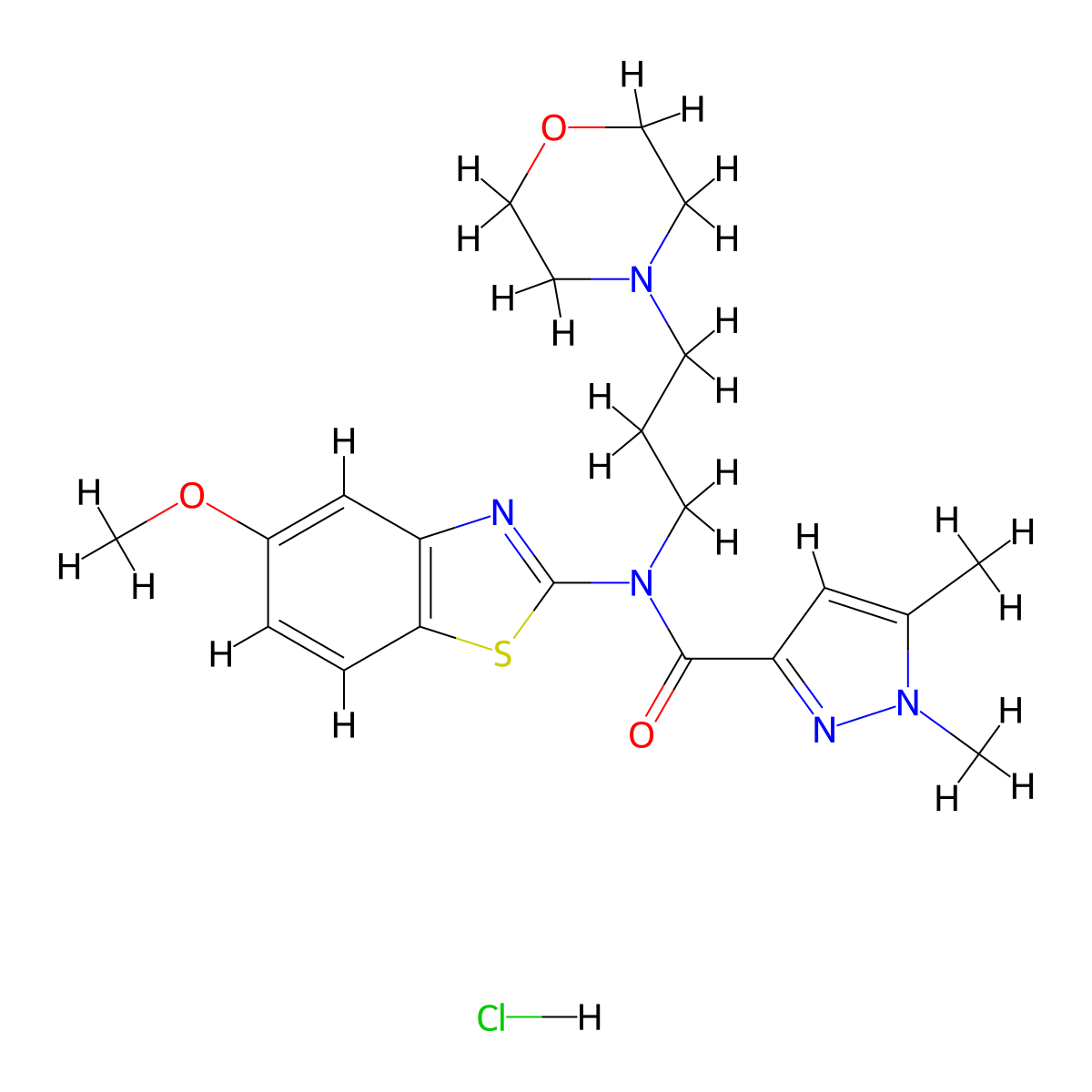 N-(5-methoxybenzo[d]thiazol-2-yl)-1,5-dimethyl-N-(3-morpholinopropyl)-1H-pyrazole-3-carboxamide hydrochloride molecular structure, CAS 1216581-55-3