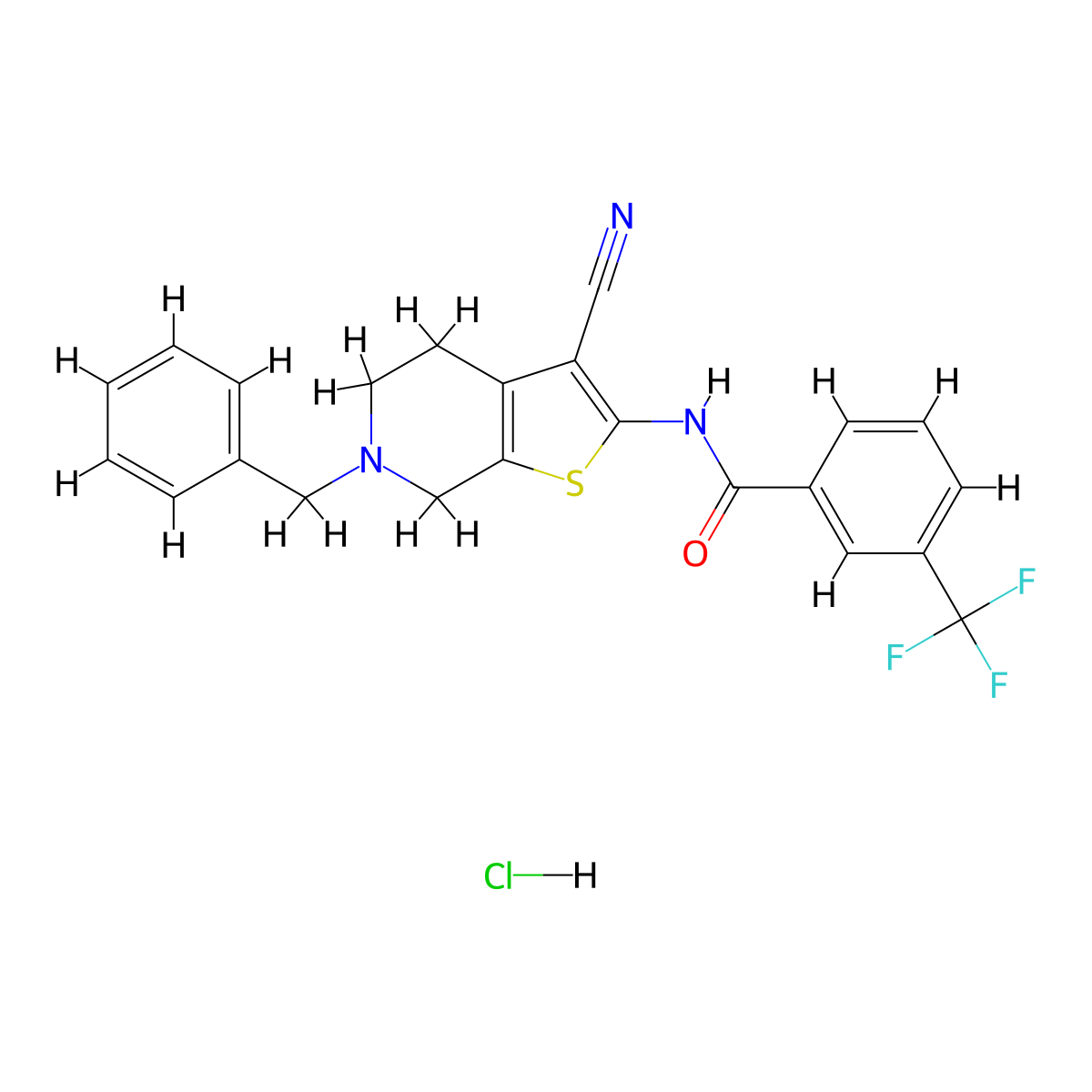 N-(6-benzyl-3-cyano-4,5,6,7-tetrahydrothieno[2,3-c]pyridin-2-yl)-3-(trifluoromethyl)benzamide hydrochloride molecular structure, CAS 1216582-39-6