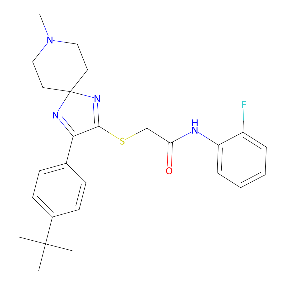 2-{[3-(4-tert-butylphenyl)-8-methyl-1,4,8-triazaspiro[4.5]deca-1,3-dien-2-yl]sulfanyl}-N-(2-fluorophenyl)acetamide molecular structure, CAS 1216582-89-6