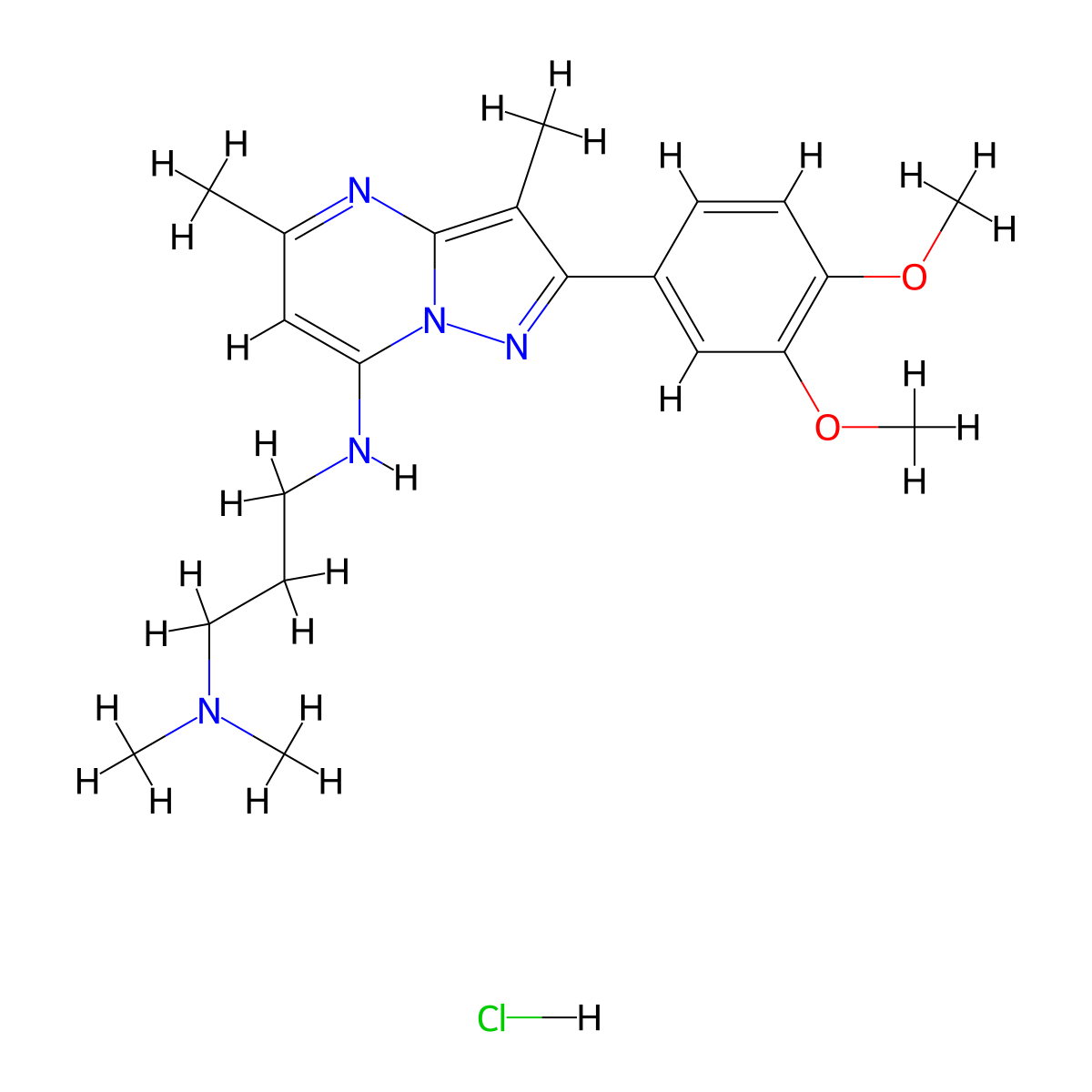 N1-(2-(3,4-dimethoxyphenyl)-3,5-dimethylpyrazolo[1,5-a]pyrimidin-7-yl)-N3,N3-dimethylpropane-1,3-diamine hydrochloride molecular structure, CAS 1216584-15-4