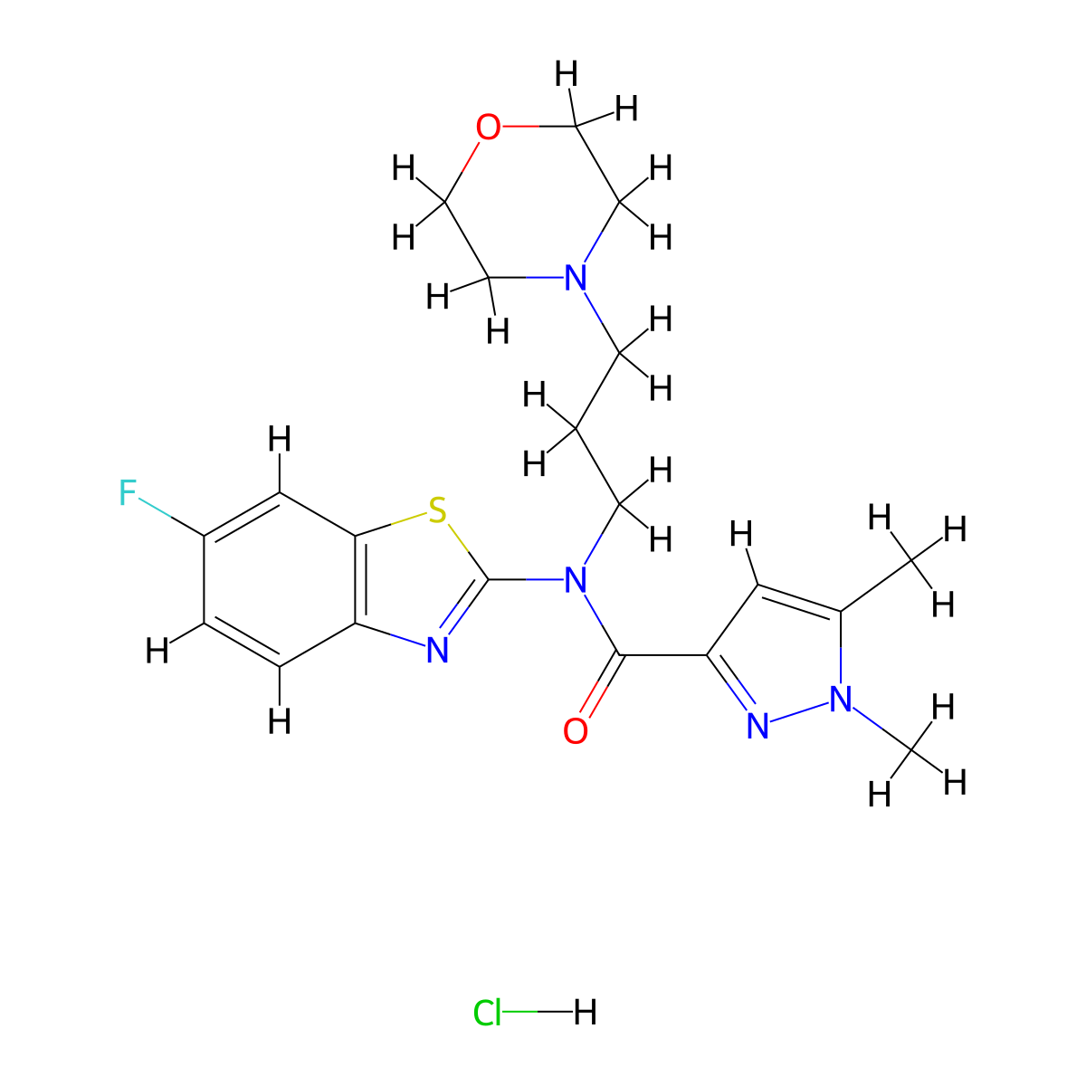 N-(6-fluorobenzo[d]thiazol-2-yl)-1,5-dimethyl-N-(3-morpholinopropyl)-1H-pyrazole-3-carboxamide hydrochloride molecular structure, CAS 1216587-26-6