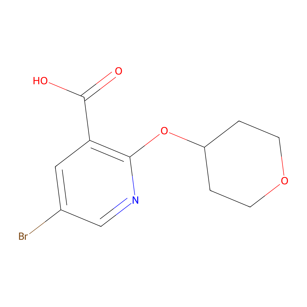 5-Bromo-2-(tetrahydro-2H-pyran-4-yloxy)nicotinic acid molecular structure, CAS 1216587-44-8