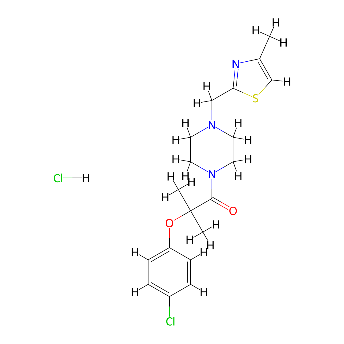 2-(4-Chlorophenoxy)-2-methyl-1-(4-((4-methylthiazol-2-yl)methyl)piperazin-1-yl)propan-1-one hydrochloride molecular structure, CAS 1216588-99-6