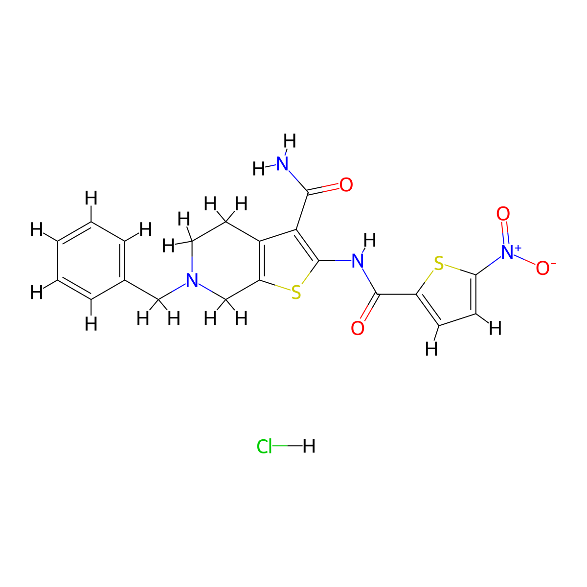 6-Benzyl-2-(5-nitrothiophene-2-carboxamido)-4,5,6,7-tetrahydrothieno[2,3-c]pyridine-3-carboxamide hydrochloride molecular structure, CAS 1216591-03-5