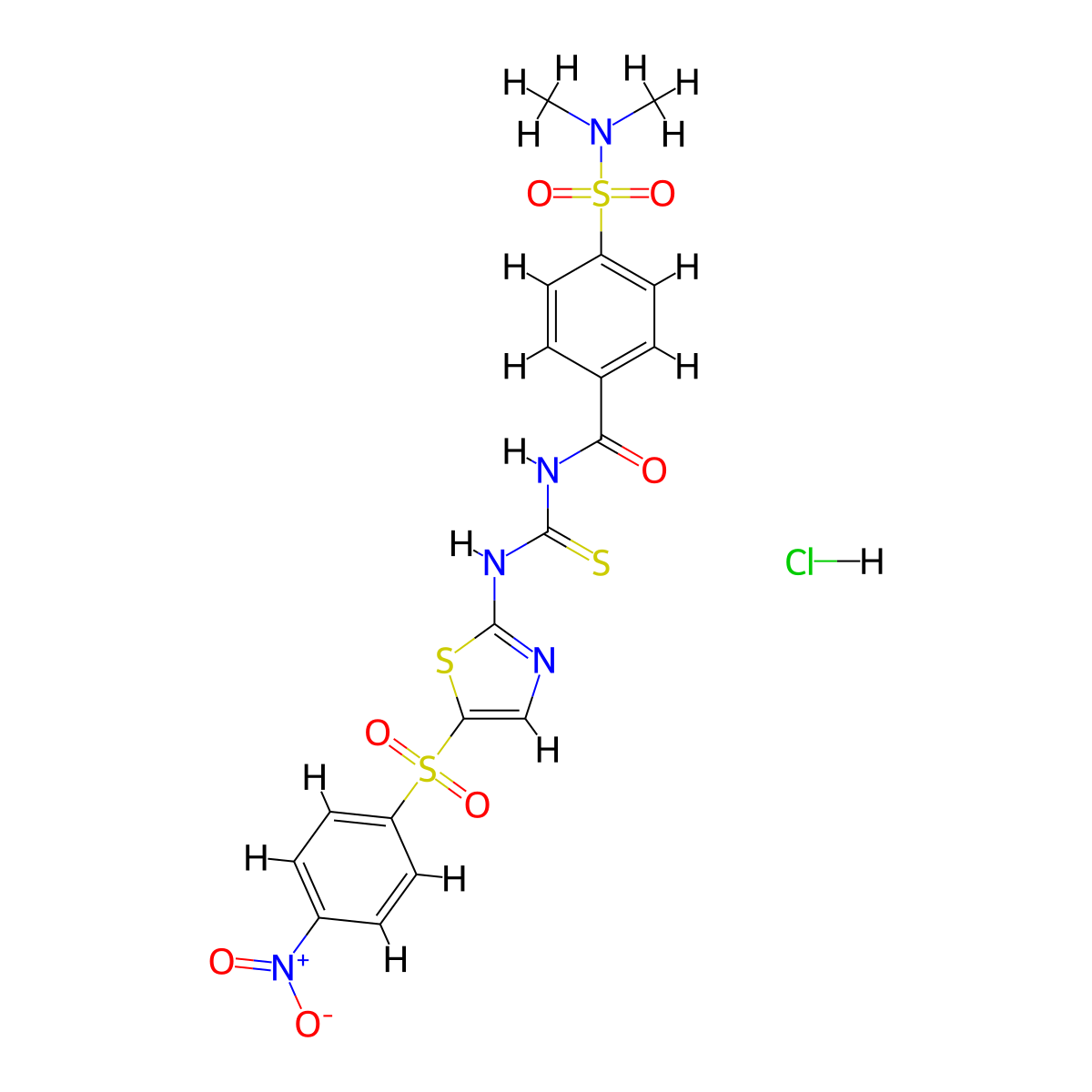 4-(N,N-dimethylsulfamoyl)-N-((5-((4-nitrophenyl)sulfonyl)thiazol-2-yl)carbamothioyl)benzamide hydrochloride molecular structure, CAS 1216592-45-8