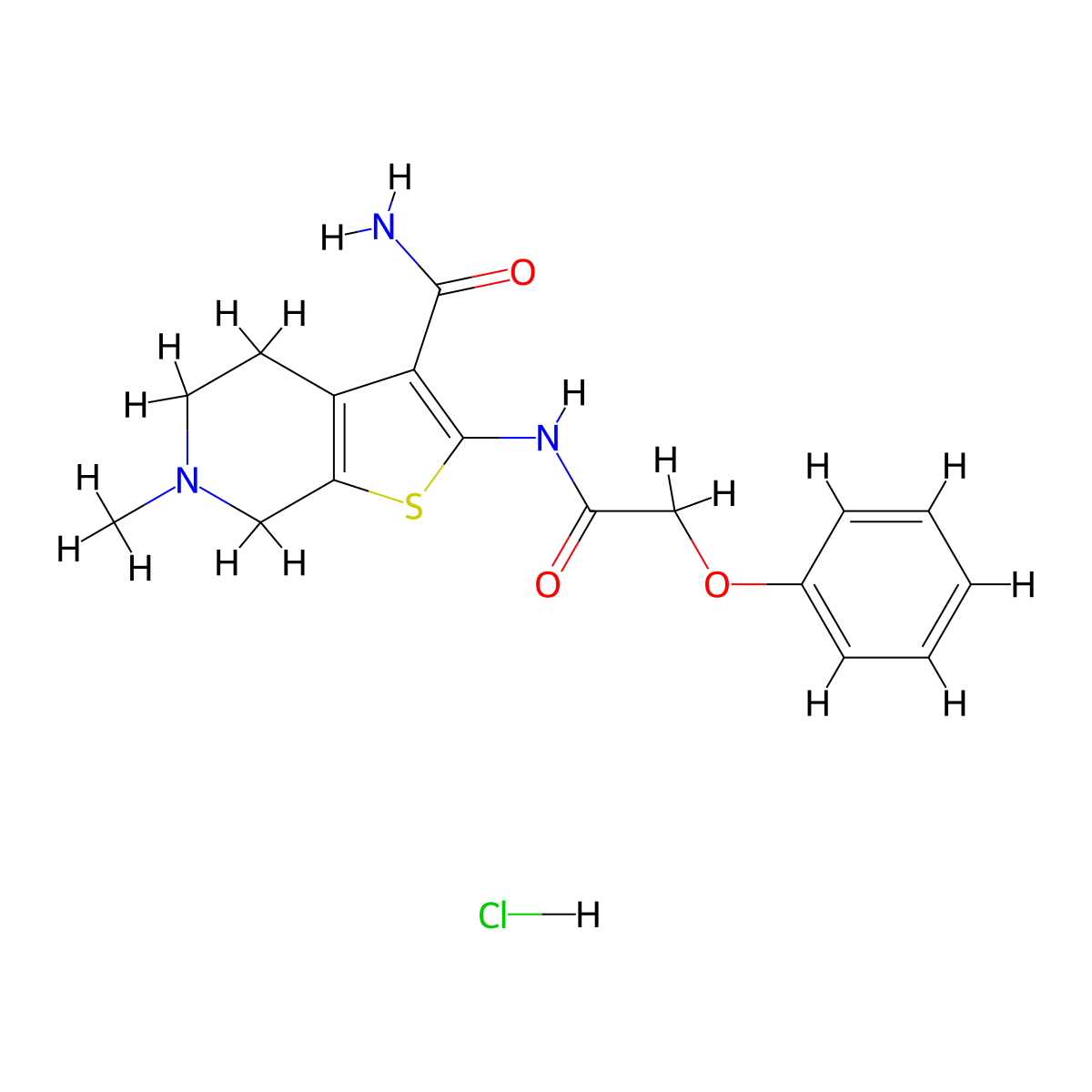 6-Methyl-2-(2-phenoxyacetamido)-4,5,6,7-tetrahydrothieno[2,3-c]pyridine-3-carboxamide hydrochloride molecular structure, CAS 1216599-61-9