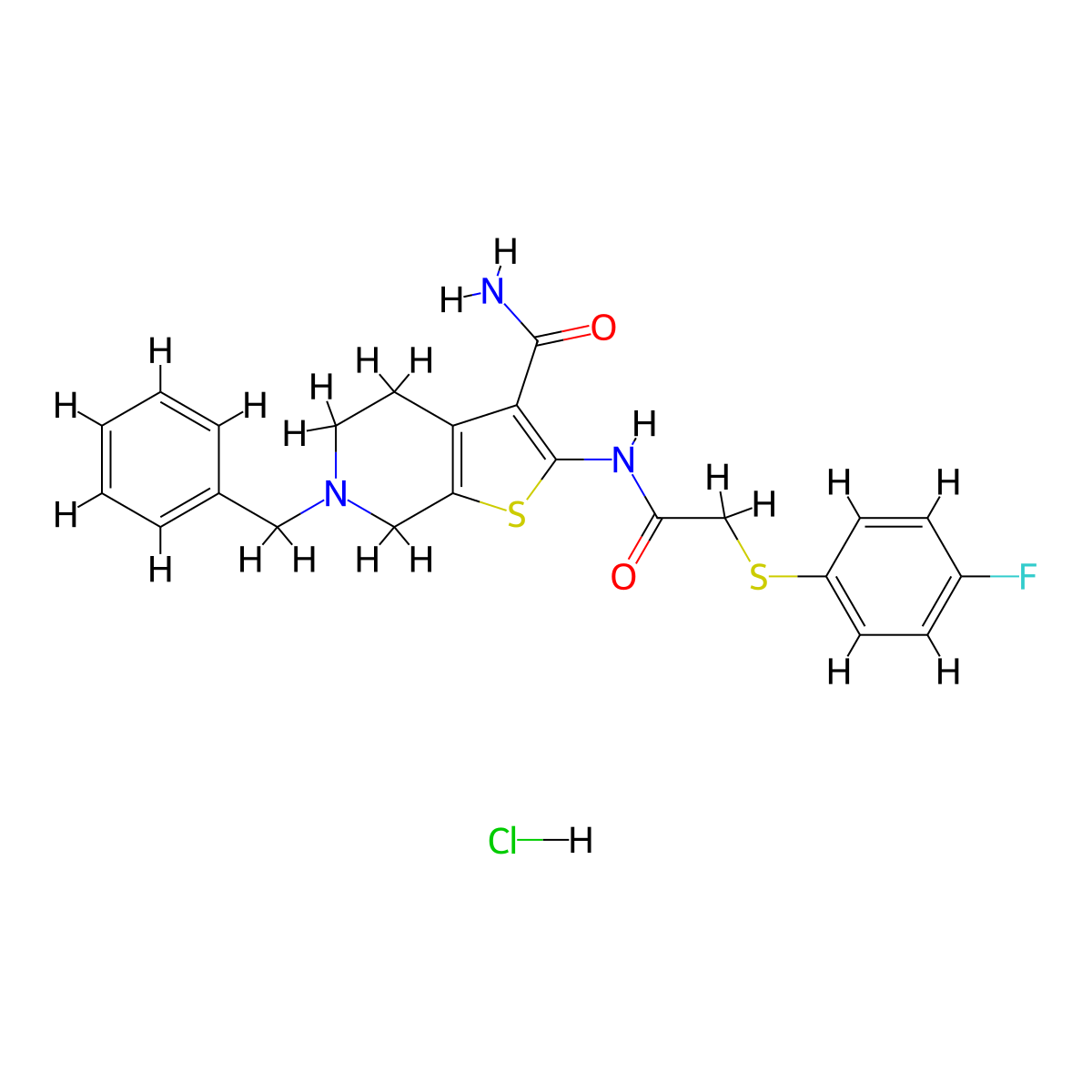 6-Benzyl-2-(2-((4-fluorophenyl)thio)acetamido)-4,5,6,7-tetrahydrothieno[2,3-c]pyridine-3-carboxamide hydrochloride molecular structure, CAS 1216602-59-3