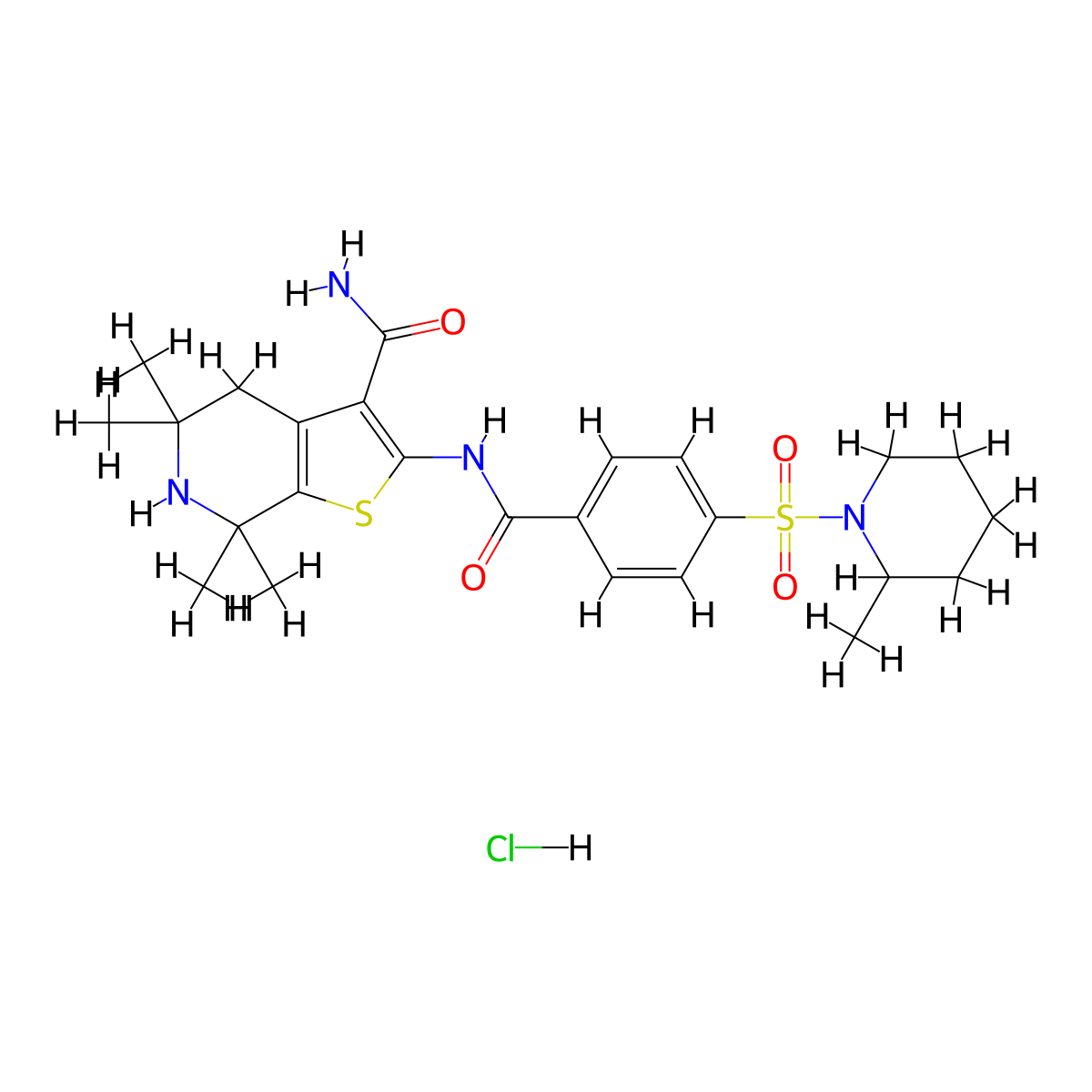 5,5,7,7-Tetramethyl-2-(4-((2-methylpiperidin-1-yl)sulfonyl)benzamido)-4,5,6,7-tetrahydrothieno[2,3-c]pyridine-3-carboxamide hydrochloride molecular structure, CAS 1216605-74-1