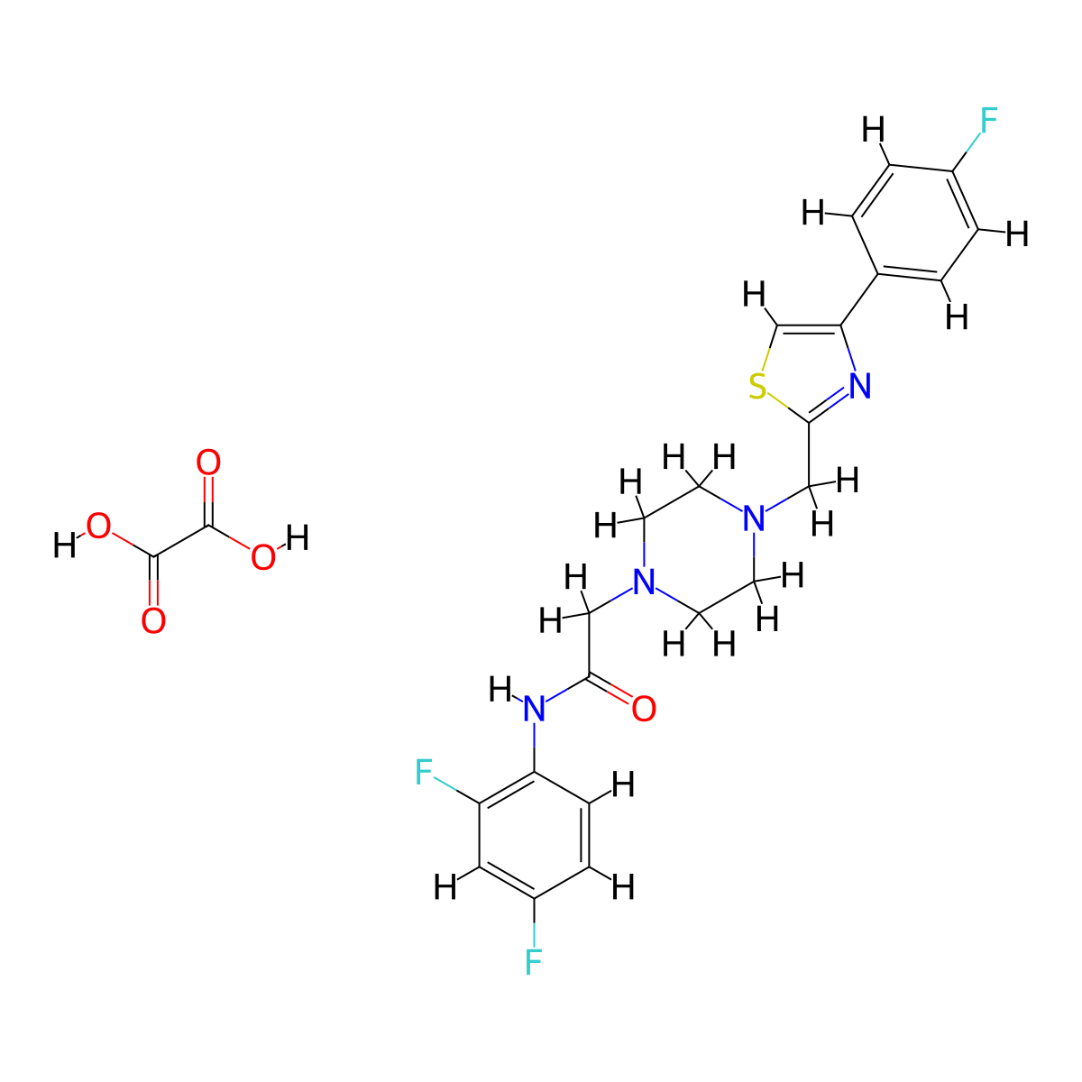 N-(2,4-difluorophenyl)-2-(4-((4-(4-fluorophenyl)thiazol-2-yl)methyl)piperazin-1-yl)acetamide oxalate molecular structure, CAS 1216606-72-2