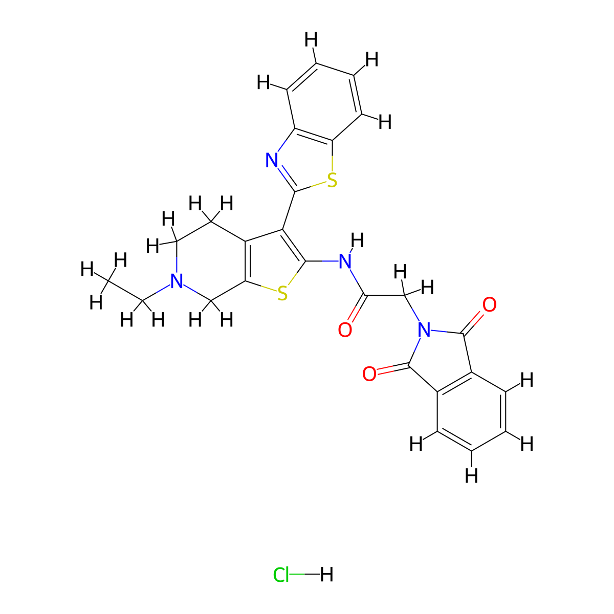 N-(3-(benzo[d]thiazol-2-yl)-6-ethyl-4,5,6,7-tetrahydrothieno[2,3-c]pyridin-2-yl)-2-(1,3-dioxoisoindolin-2-yl)acetamide hydrochloride molecular structure, CAS 1216609-29-8