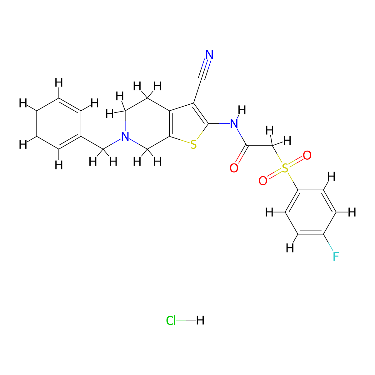 N-(6-benzyl-3-cyano-4,5,6,7-tetrahydrothieno[2,3-c]pyridin-2-yl)-2-((4-fluorophenyl)sulfonyl)acetamide hydrochloride molecular structure, CAS 1216613-99-8
