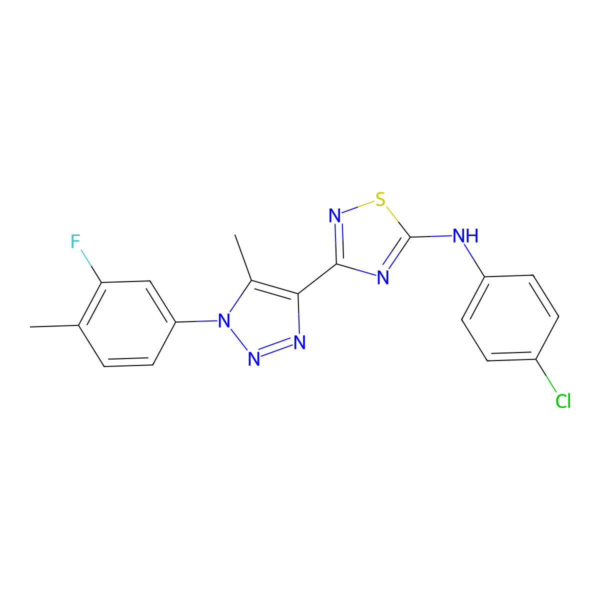 N-(4-chlorophenyl)-3-[1-(3-fluoro-4-methylphenyl)-5-methyl-1H-1,2,3-triazol-4-yl]-1,2,4-thiadiazol-5-amine molecular structure, CAS 1216615-04-1