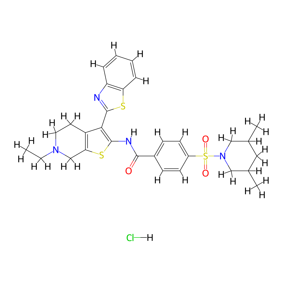 N-(3-(benzo[d]thiazol-2-yl)-6-ethyl-4,5,6,7-tetrahydrothieno[2,3-c]pyridin-2-yl)-4-((3,5-dimethylpiperidin-1-yl)sulfonyl)benzamide hydrochloride molecular structure, CAS 1216615-88-1