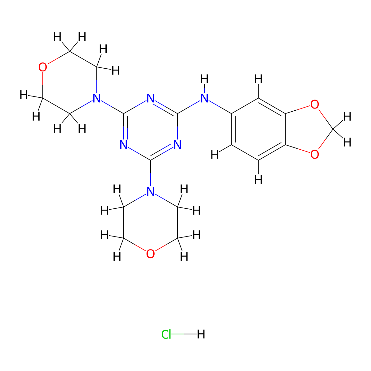 N-(benzo[d][1,3]dioxol-5-yl)-4,6-dimorpholino-1,3,5-triazin-2-amine hydrochloride molecular structure, CAS 1216616-16-8