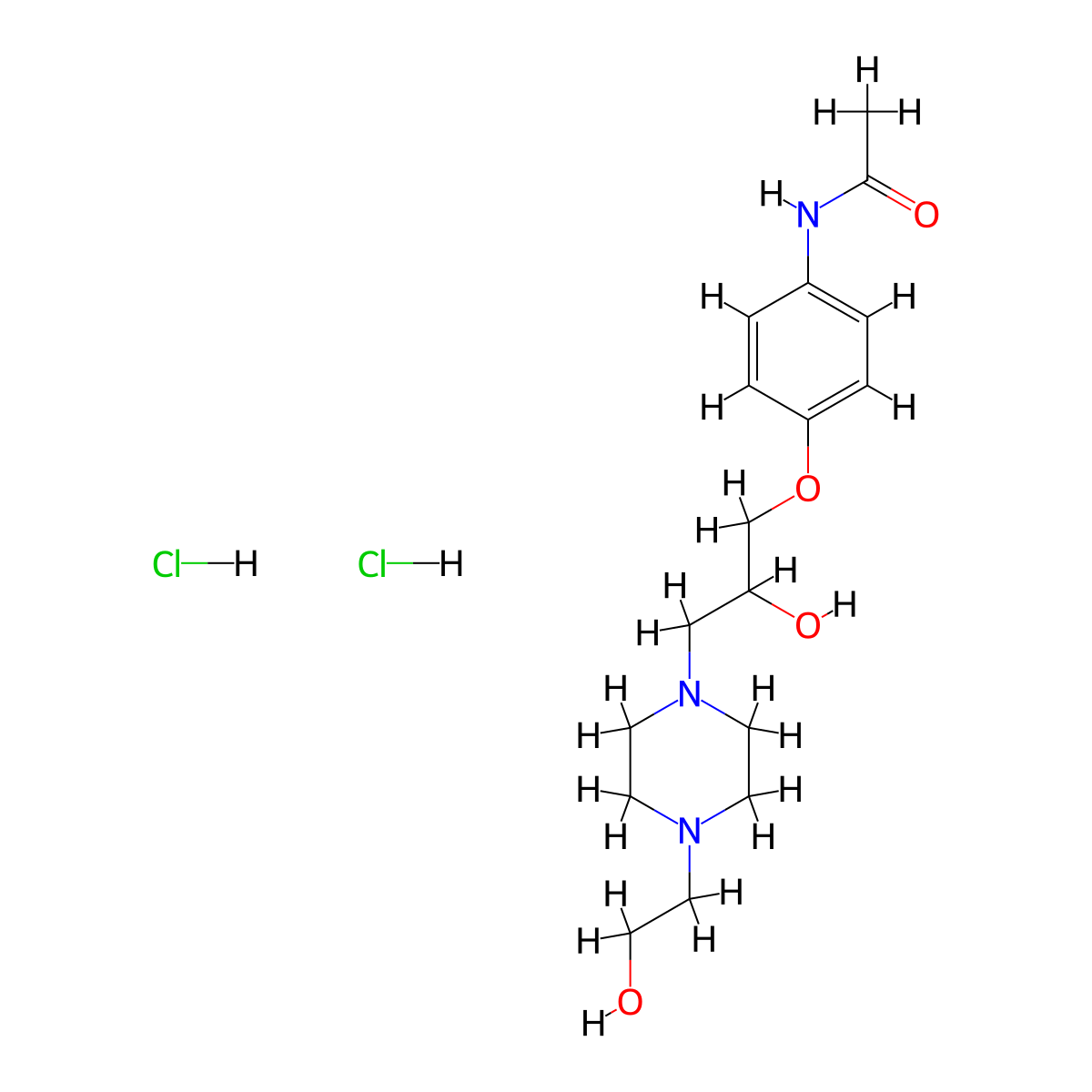 N-(4-(2-hydroxy-3-(4-(2-hydroxyethyl)piperazin-1-yl)propoxy)phenyl)acetamide dihydrochloride molecular structure, CAS 1216622-63-7