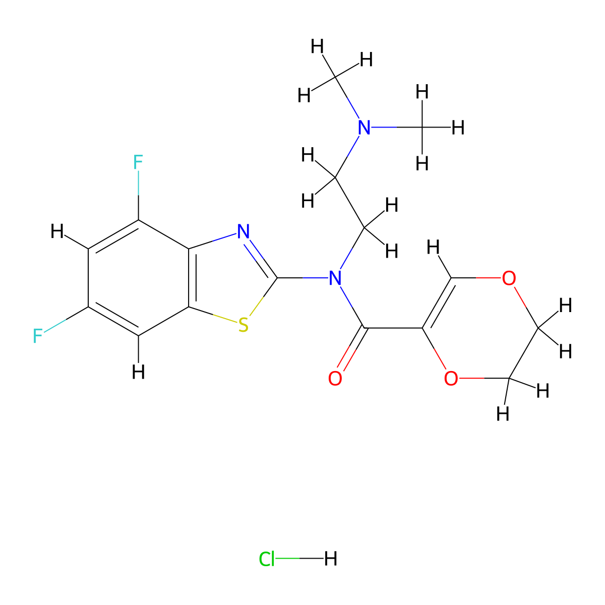 N-(4,6-difluorobenzo[d]thiazol-2-yl)-N-(2-(dimethylamino)ethyl)-5,6-dihydro-1,4-dioxine-2-carboxamide hydrochloride molecular structure, CAS 1216623-81-2