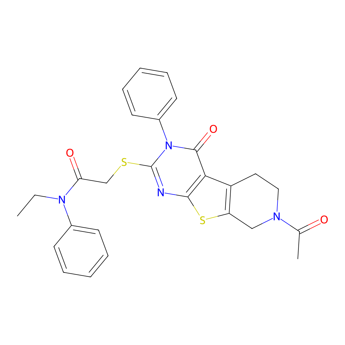 2-({11-acetyl-3-oxo-4-phenyl-8-thia-4,6,11-triazatricyclo[7.4.0.0^{2,7}]trideca-1(9),2(7),5-trien-5-yl}sulfanyl)-N-ethyl-N-phenylacetamide molecular structure, CAS 1216625-54-5