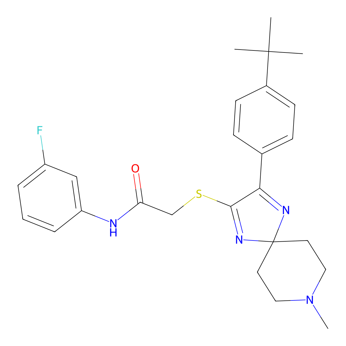 2-{[3-(4-tert-butylphenyl)-8-methyl-1,4,8-triazaspiro[4.5]deca-1,3-dien-2-yl]sulfanyl}-N-(3-fluorophenyl)acetamide molecular structure, CAS 1216627-01-8
