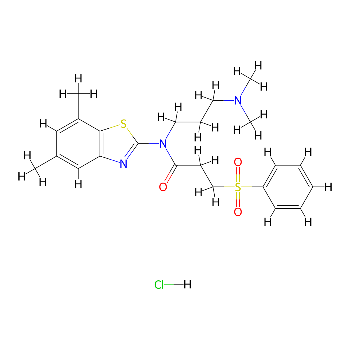 N-(3-(dimethylamino)propyl)-N-(5,7-dimethylbenzo[d]thiazol-2-yl)-3-(phenylsulfonyl)propanamide hydrochloride molecular structure, CAS 1216635-21-0
