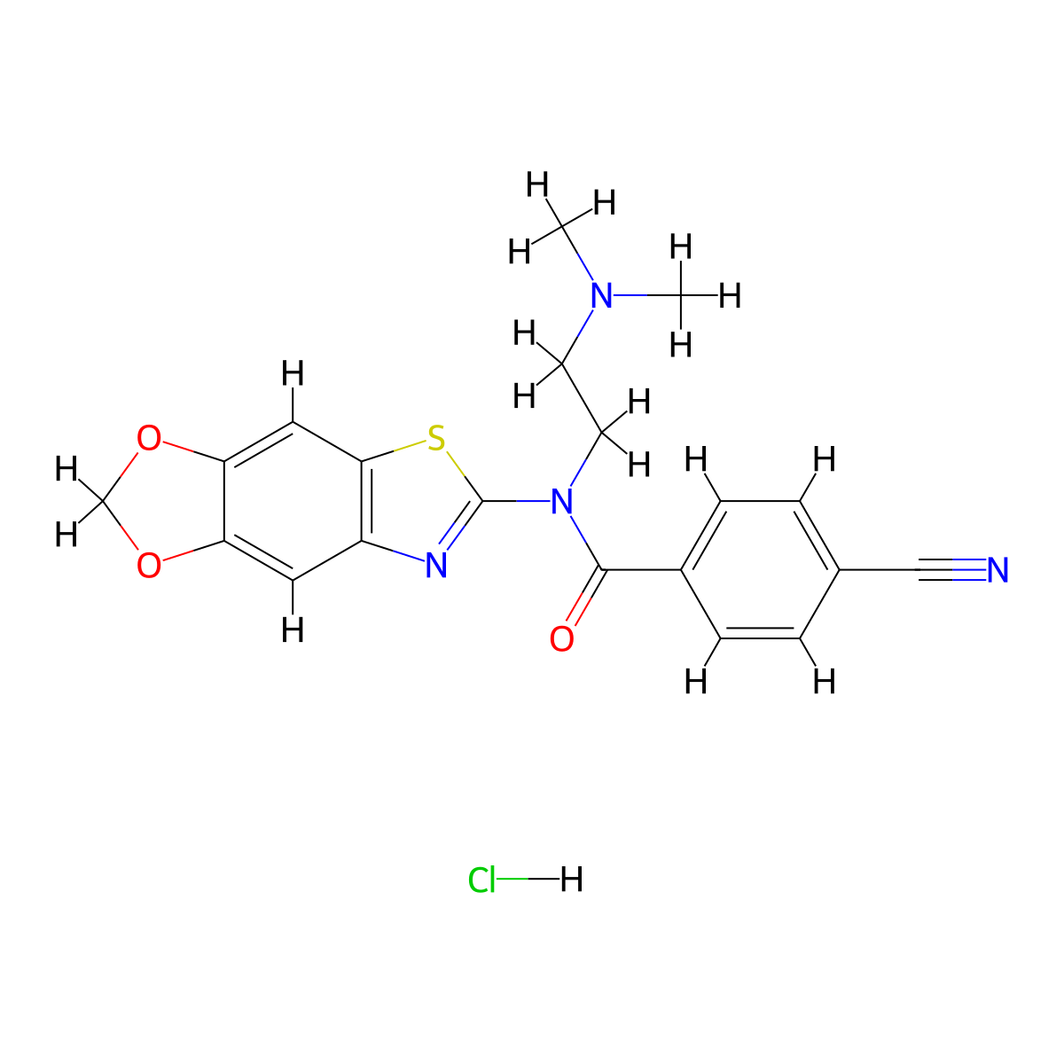 N-([1,3]dioxolo[4',5':4,5]benzo[1,2-d]thiazol-6-yl)-4-cyano-N-(2-(dimethylamino)ethyl)benzamide hydrochloride molecular structure, CAS 1216638-87-7