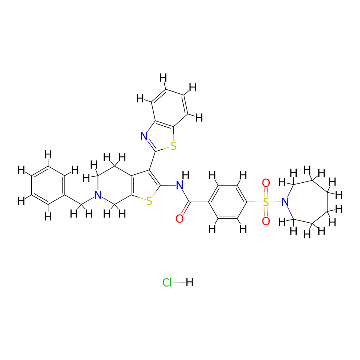4-(azepan-1-ylsulfonyl)-N-(3-(benzo[d]thiazol-2-yl)-6-benzyl-4,5,6,7-tetrahydrothieno[2,3-c]pyridin-2-yl)benzamide hydrochloride molecular structure, CAS 1216640-00-4