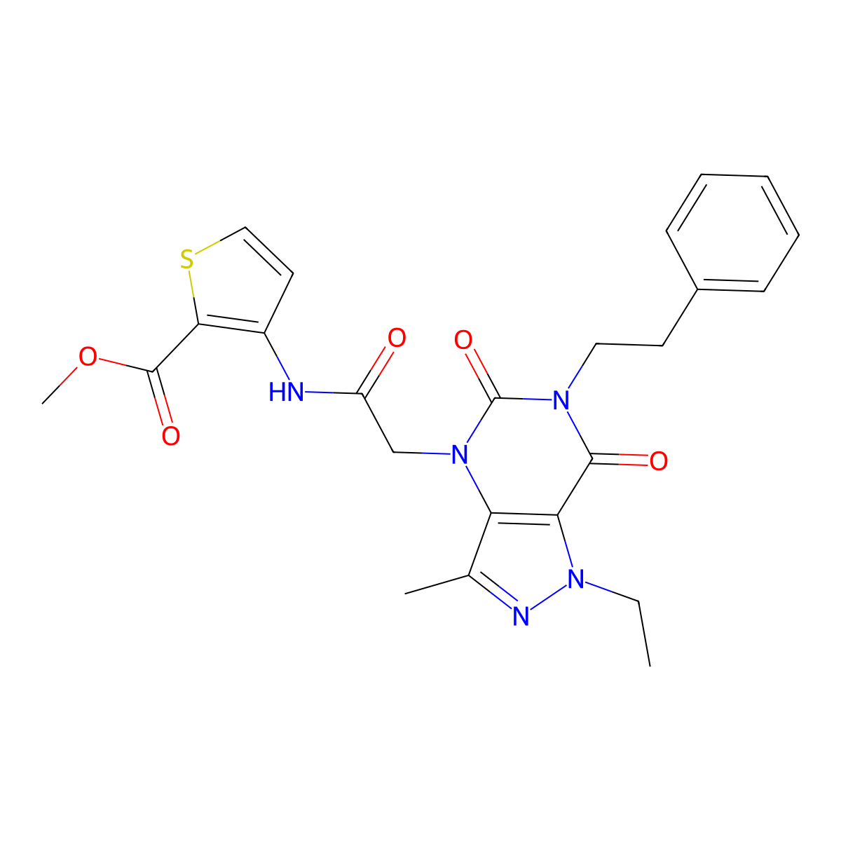 methyl 3-(2-(1-ethyl-3-methyl-5,7-dioxo-6-phenethyl-6,7-dihydro-1H-pyrazolo[4,3-d]pyrimidin-4(5H)-yl)acetamido)thiophene-2-carboxylate molecular structure, CAS 1216641-67-6