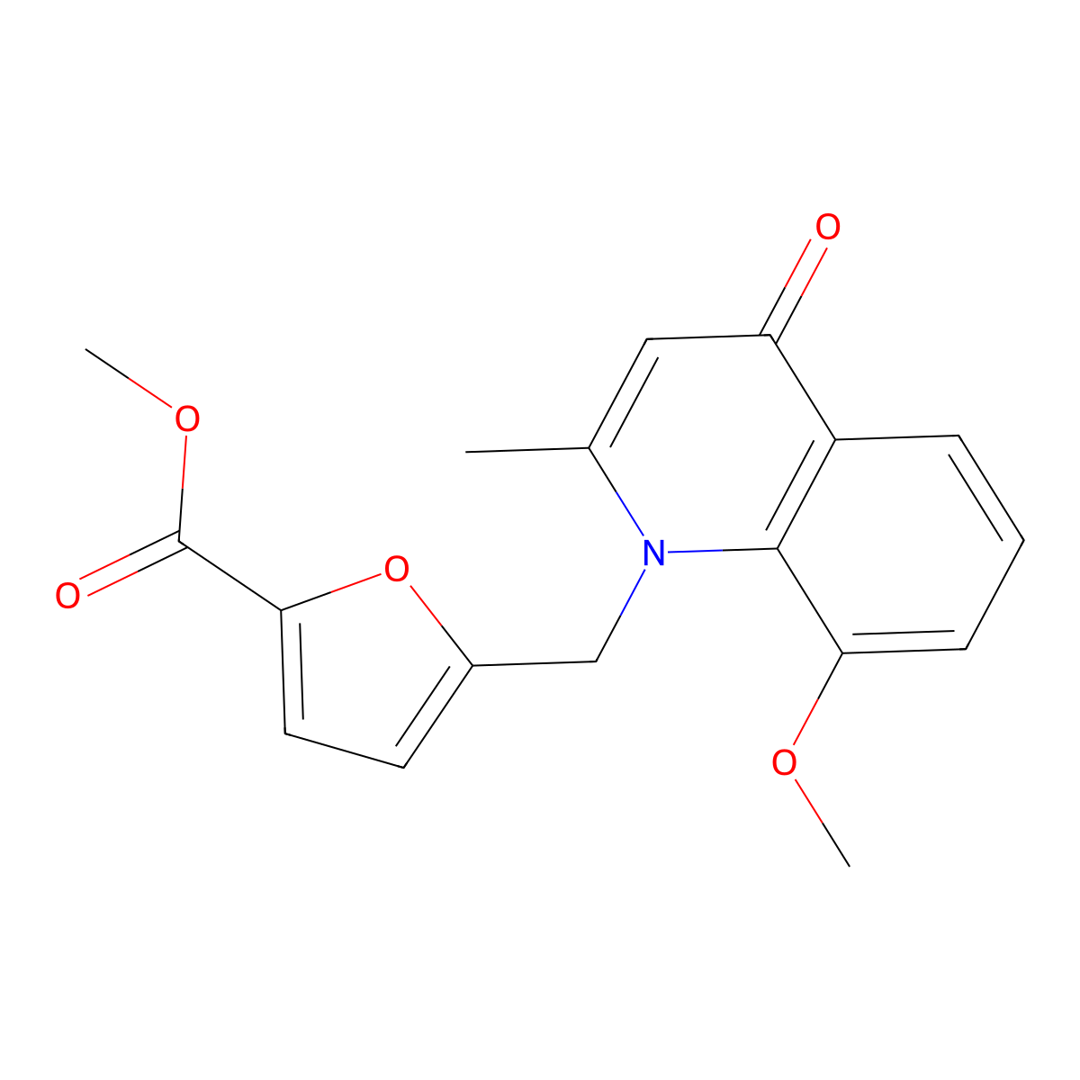 Methyl 5-((8-methoxy-2-methyl-4-oxoquinolin-1(4H)-yl)methyl)furan-2-carboxylate molecular structure, CAS 1216643-46-7